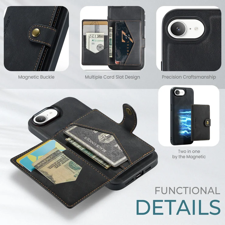 For iPhone 16e Case JEEHOOD J01 Retro Leather Phone Back Cover with Detachable Magnetic Card Holder - Black