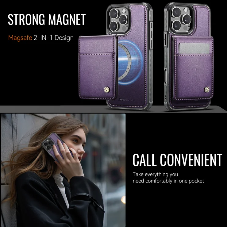 For iPhone 15 Pro Max Leather Back Cover Compatible with MagSafe JEEHOOD J06 Phone Case with Card Bag RFID Blocking - Purple