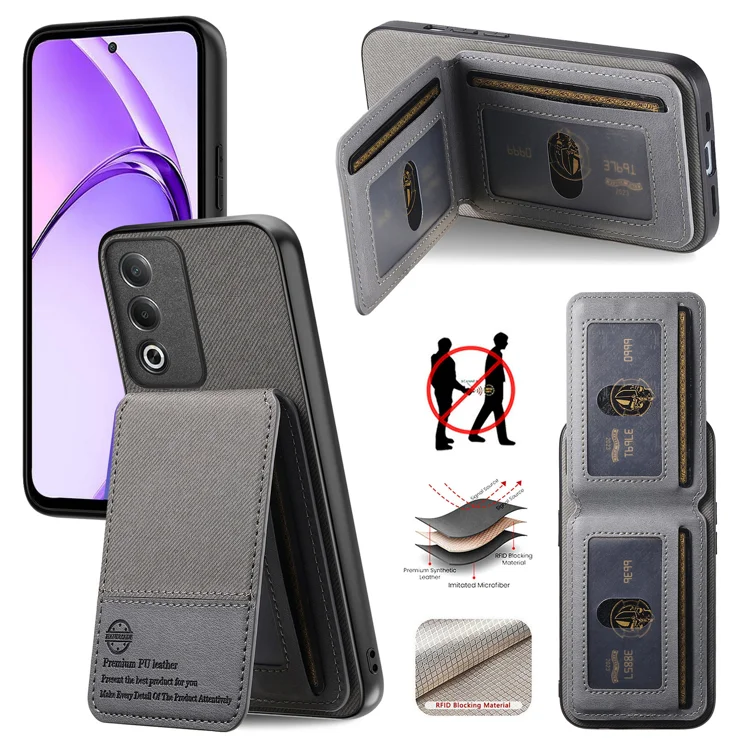 For Oppo A3x 4G Case Cloth Texture Leather + PC + TPU RFID Blocking Phone Cover with Card Holder - Grey