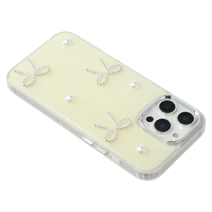 For iPhone 16 Pro Max Case Pearl Bow Epoxy Design TPU + PC Phone Back Cover - Light Yellow