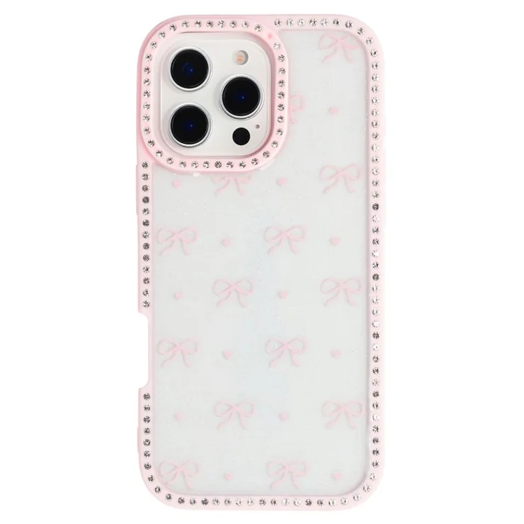 For iPhone 16 Pro Max Case Epoxy Design TPU + PC Phone Cover with Bowknot Pattern, Rhinestone Decor - Pink