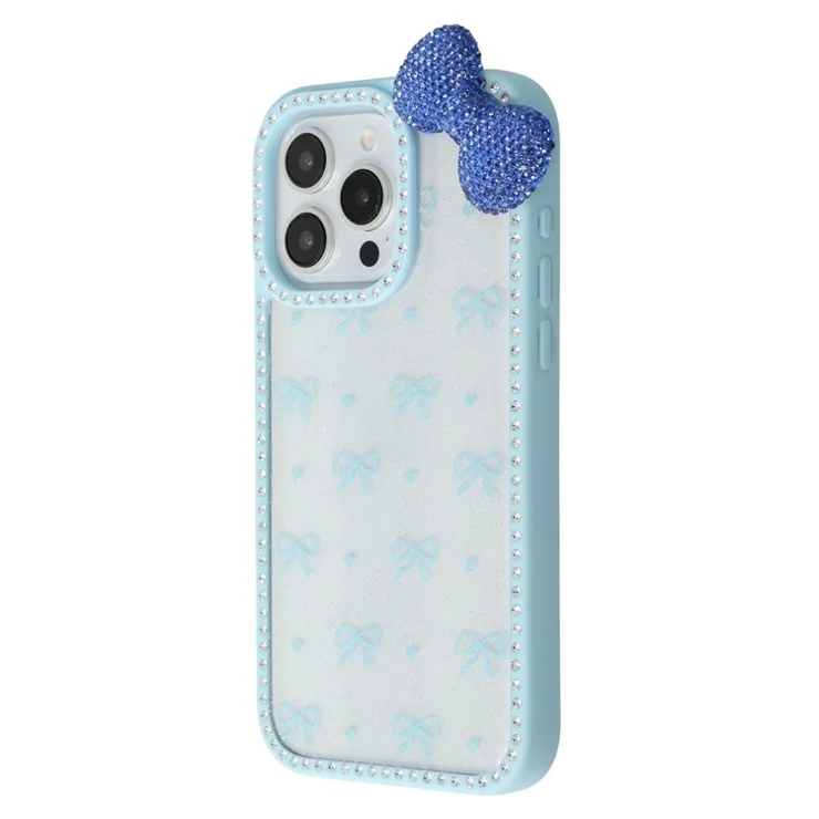 For iPhone 15 Pro Max Case Epoxy Design TPU + PC Phone Back Cover with Bow, Rhinestone Decor - Blue