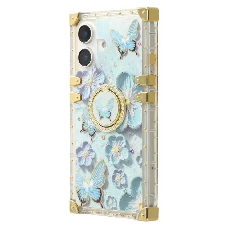 For iPhone 16 Plus Case Stylish Flower Butterfly Pattern Ring Kickstand TPU + PC Phone Cover - Blue