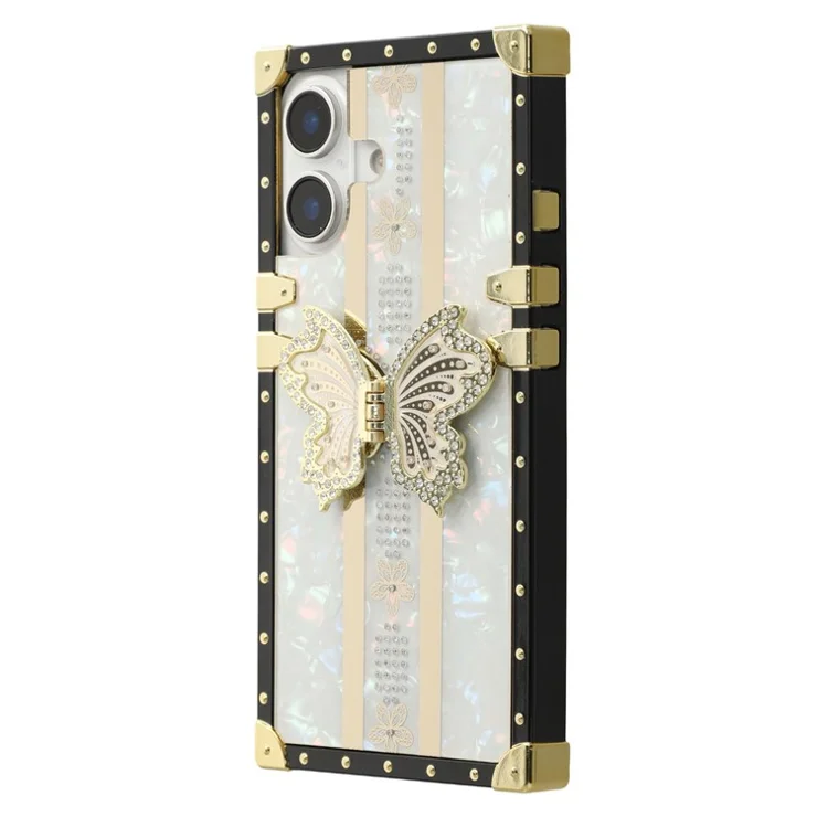 For iPhone 16 Case TPU + PC Electroplated Butterfly Kickstand Phone Cover - White