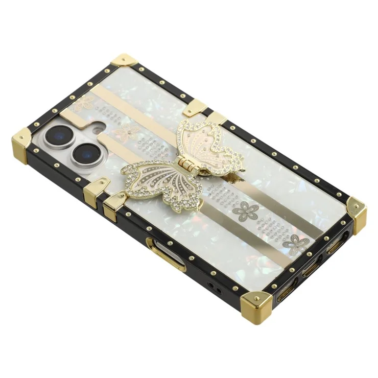 For iPhone 16 Case TPU + PC Electroplated Butterfly Kickstand Phone Cover - White
