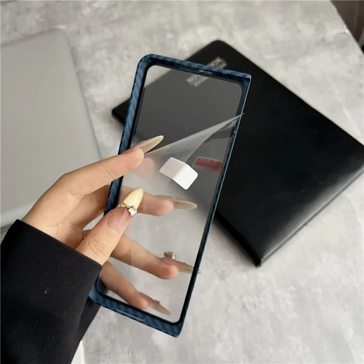 For Samsung Galaxy Z Fold3 5G Magnetic Case Carbon Fiber Texture PC Phone Cover with Screen Protector - Black