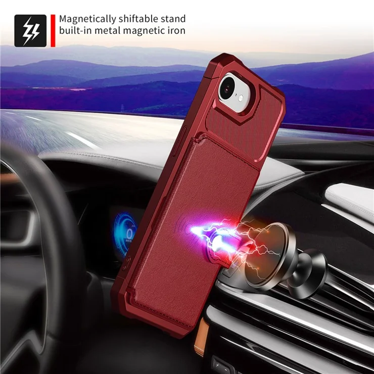 For iPhone 16e Case with Card Holder PU Leather + TPU Phone Back Cover - Red