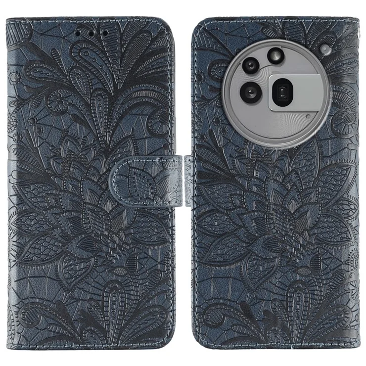 For Nothing Phone (3a) Pro Case Lace Flowers PU Leather Flip Wallet Phone Cover - Dark Blue