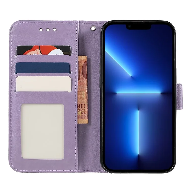 For iPhone 15 Pro Case Lace Flowers PU Leather Flip Wallet Phone Cover - Purple