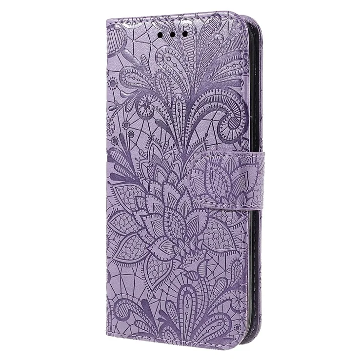 For iPhone 14 Pro Max Case Lace Flowers PU Leather Flip Wallet Phone Cover - Purple