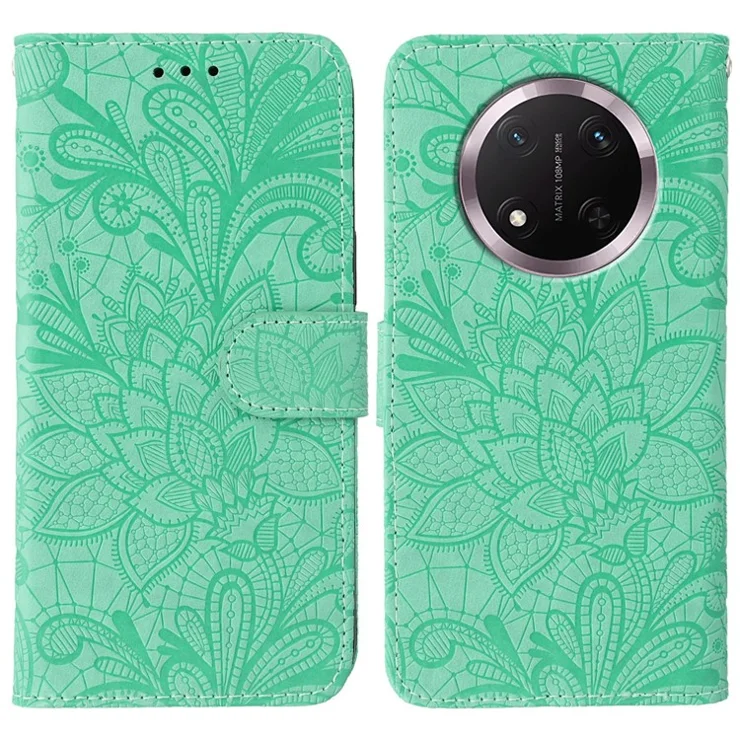 For Honor Magic7 Lite 5G / X60 Pro 5G / X9c 5G Case Lace Flowers PU Leather Flip Wallet Phone Cover - Green