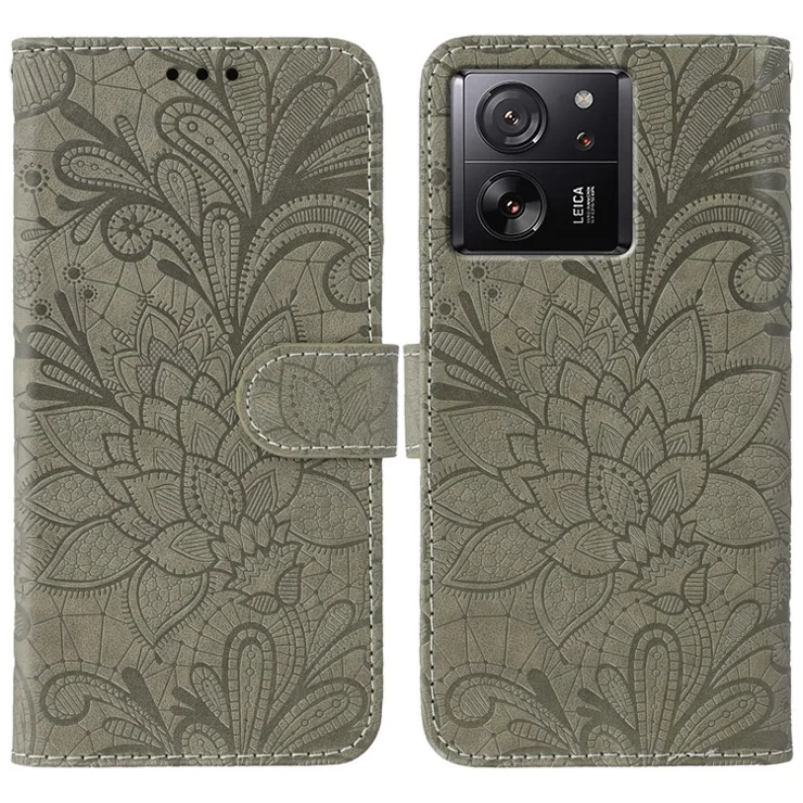 For Xiaomi 13T Pro / 13T Case Lace Flowers PU Leather Flip Wallet Phone Cover - Grey