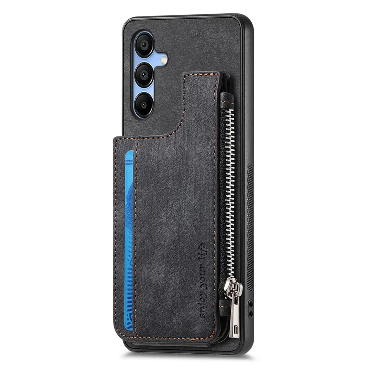 For Samsung Galaxy A16 4G / Galaxy A16 5G Case Zipper Card Holder Kickstand Leather + PC + TPU Phone Cover - Black