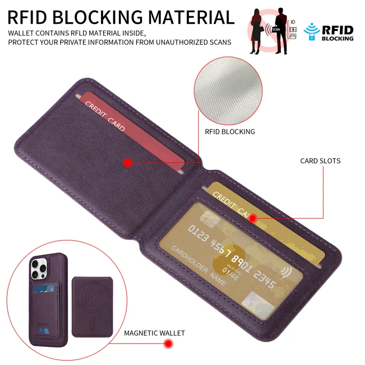 For iPhone 16 Pro Max Magnetic Case BETOPNICE RFID Blocking Leather Phone Back Cover with Detachable Card Bag - Purple