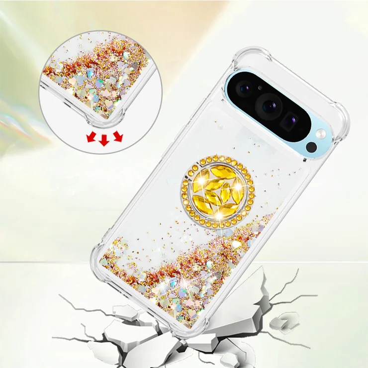 For Google Pixel 10 Pro XL TPU Case with Kickstand Quicksand Shockproof Cover - Gold / Hearts