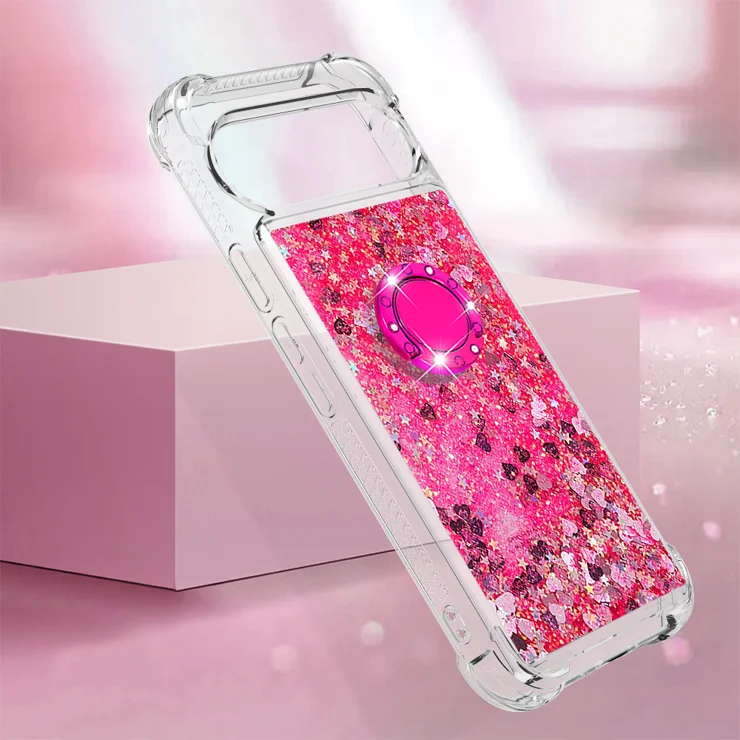 For Google Pixel 10 Pro XL TPU Case with Kickstand Quicksand Shockproof Cover - Pink / Hearts