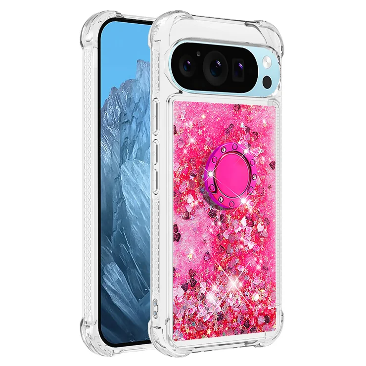 For Google Pixel 10 Pro TPU Case with Kickstand Quicksand Shockproof Cover - Pink / Hearts
