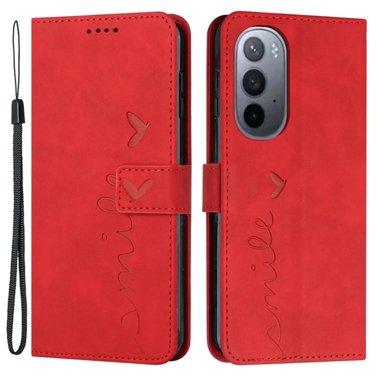 For Motorola Moto X30 Pro 5G / Edge 30 Ultra 5G Skin-touch Feeling Heart Shape Imprinted Phone Case Anti-fall PU Leather Wallet Stand Shell with Strap - Red