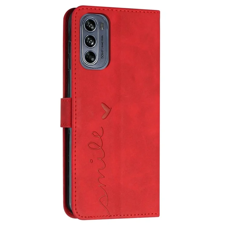 For Motorola Moto G62 5G Cell Phone Case Skin-touch Feeling PU Leather Imprinting Heart Pattern Stand Wallet Cover - Red