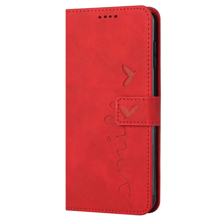 For Motorola Moto G62 5G Cell Phone Case Skin-touch Feeling PU Leather Imprinting Heart Pattern Stand Wallet Cover - Red