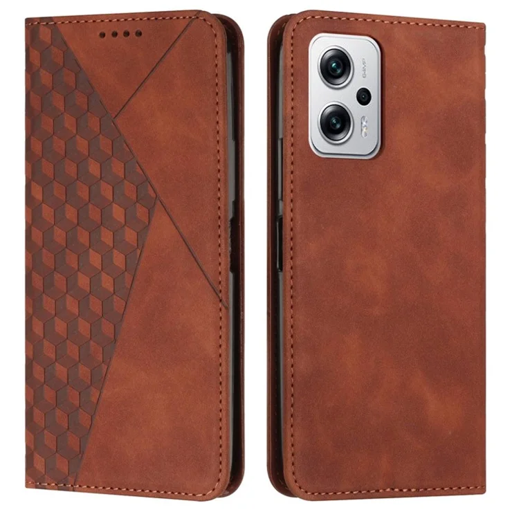 For Xiaomi Redmi Note 11T Pro 5G / Note 11T Pro+ 5G / Note 12T Pro 5G / Poco X4 GT 5G / Redmi K50i 5G PU Leather Rhombus Pattern Imprinted Case Magnetic Absorption Phone Stand Wallet Cover - Brown