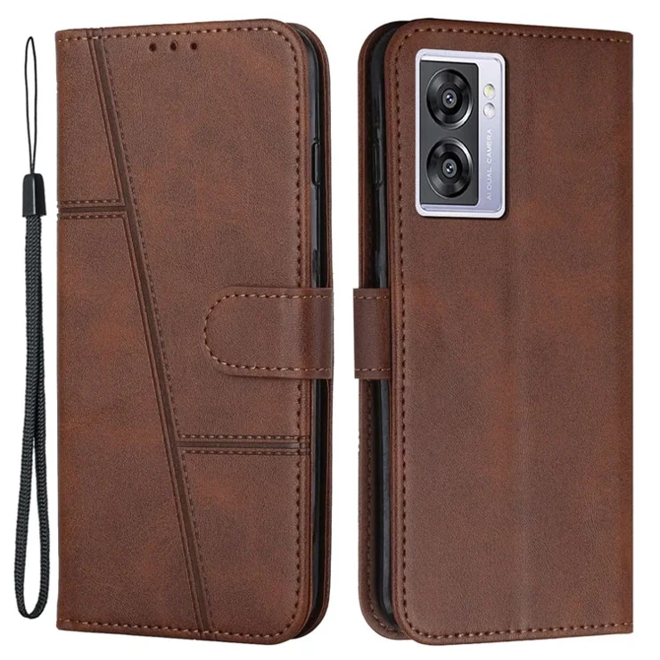 For Oppo A57 (2022) 5G / A77 5G / A77 4G / A57 4G / A57e 4G / A57s 4G / Realme V23 5G / OnePlus Nord N20 SE 4G Wallet Case Stitching PU Leather Stand Magnetic Phone Cover with Strap - Brown
