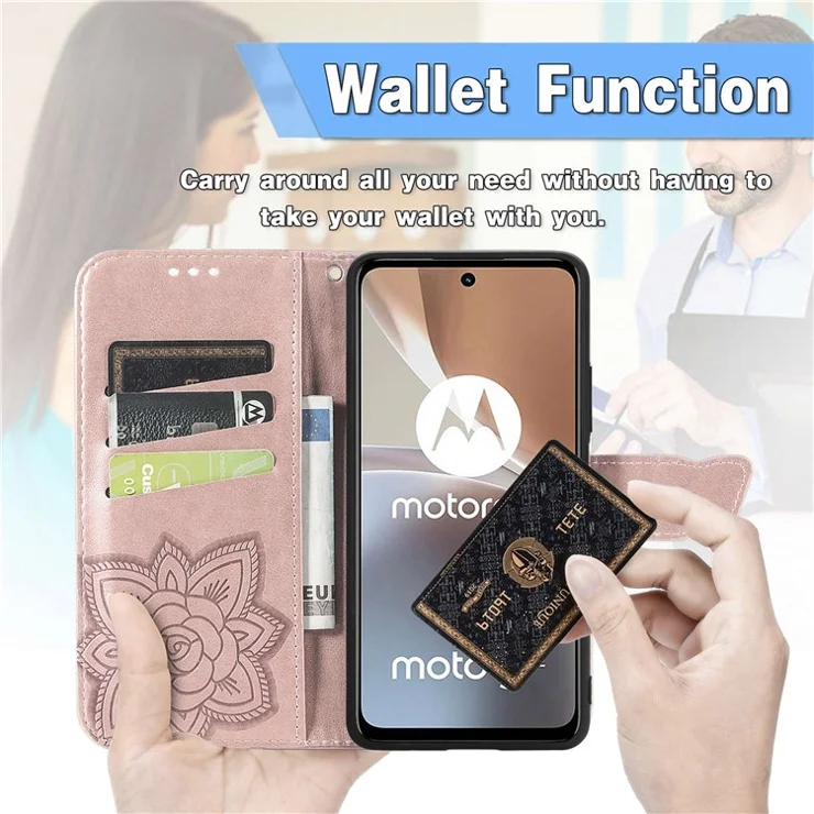 For Motorola Moto G32 4G Imprinted Butterfly Pattern PU Leather Stand Case Magnetic Clasp Phone Wallet Cover with Strap - Rose Gold