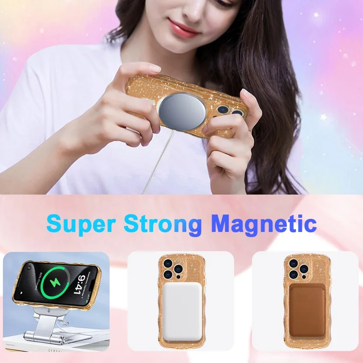 For iPhone 16 Pro Magnetic Case Wave Edge Glitter TPU Phone Back Cover -  Clear Rose Gold
