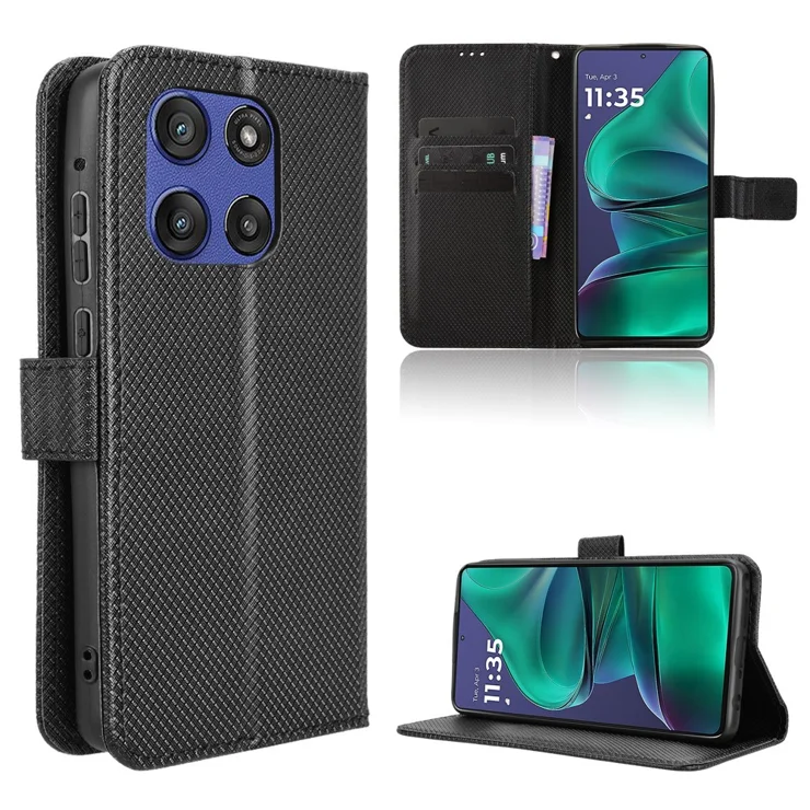 For Motorola Moto G Stylus 5G (2025) / Motorola Edge 60 Stylus 5G Leather  Wallet Case with Strap Diamond Texture Phone Cover - Black