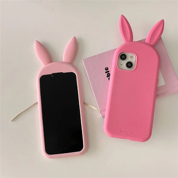 For iPhone 15 Silicone Case Cute Rabbit Ear Design Shockproof