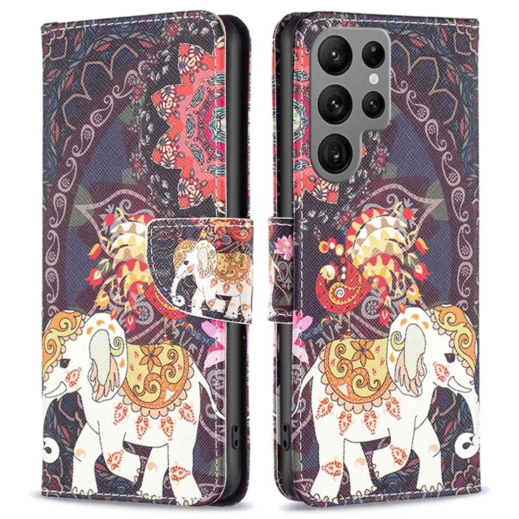 For Samsung Galaxy S23 Ultra Leather Case Pattern Printing Wallet Stand Flip Mobile Cover - Flower and Elephant