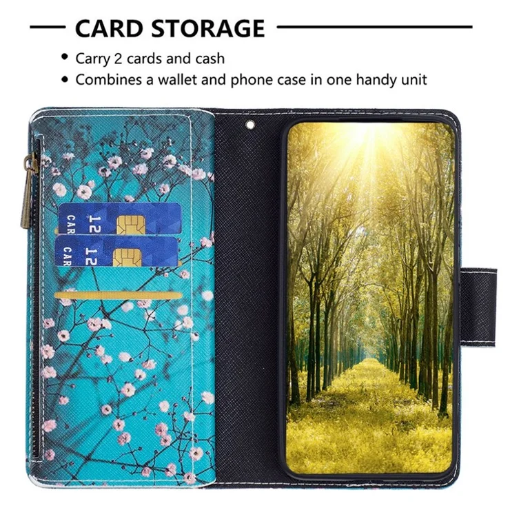 For Samsung Galaxy S23 Leather Case with Strap Pattern Printing Zipper Wallet Phone Stand Cover - Plum Blossom