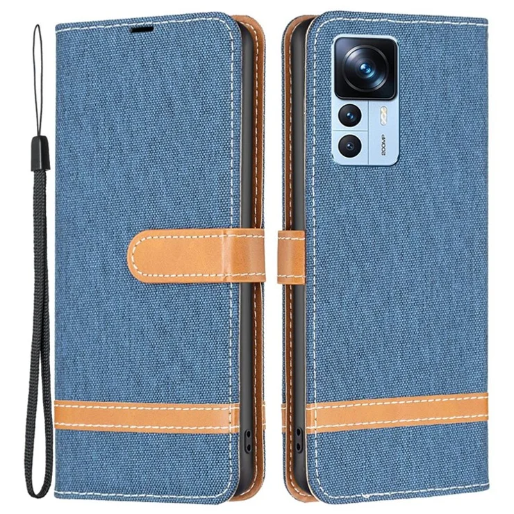 For Xiaomi 12T 5G / Redmi K50 Ultra 5G / 12T Pro 5G Case Jeans Cloth Texture Leather Wallet Mobile Cover with Stand - Navy Blue
