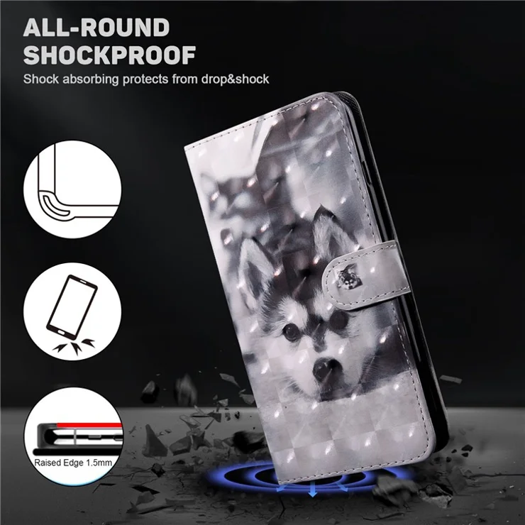 For Samsung Galaxy S23 Ultra PU Leather Wallet Case 3D Pattern Printing Shockproof Phone Stand Cover with Wrist Strap - Husky