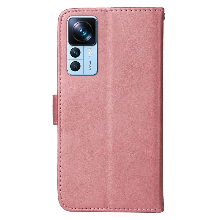 For Xiaomi 12T 5G / Redmi K50 Ultra 5G / 12T Pro 5G Calf Texture Phone Stand Case PU Leather Wallet Drop-proof Cover with Wrist Strap - Rose Gold