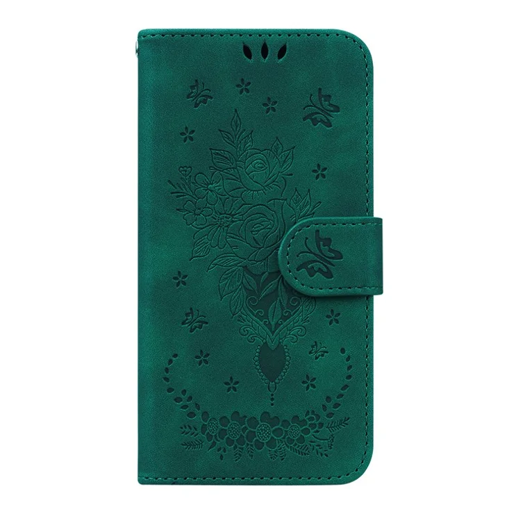 For Samsung Galaxy A14 5G / A14 4G PU Leather Wallet Phone Case Rose Butterfly Imprinted Magnetic Closure Stand Folio Cover with Strap - Green