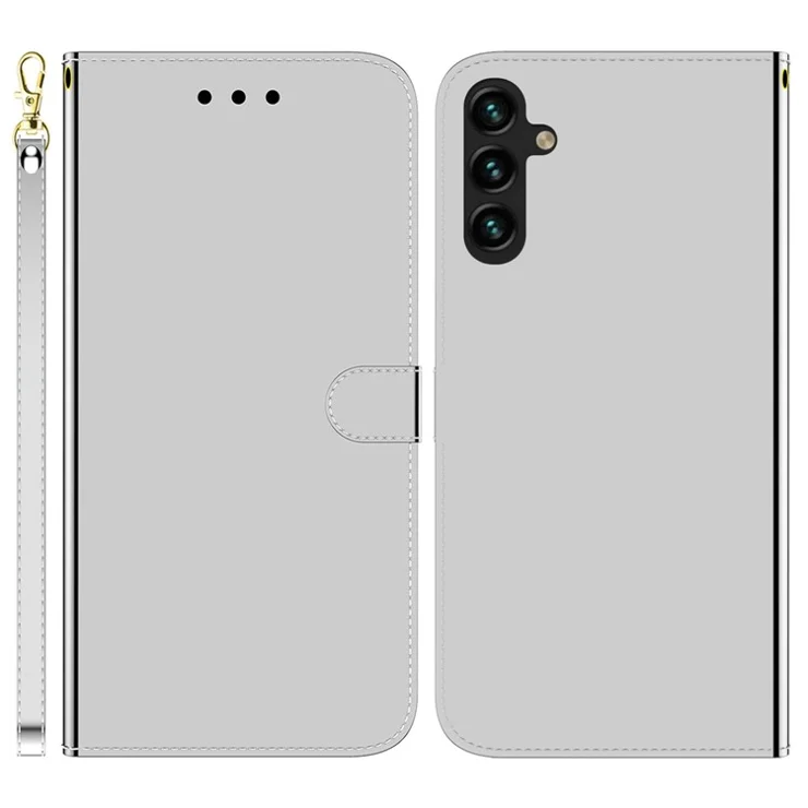 For Samsung Galaxy A14 5G / A14 4G PU Leather Mirror-like Surface Drop-proof Case Magnetic Clasp Phone Stand Wallet Cover with Strap - Silver