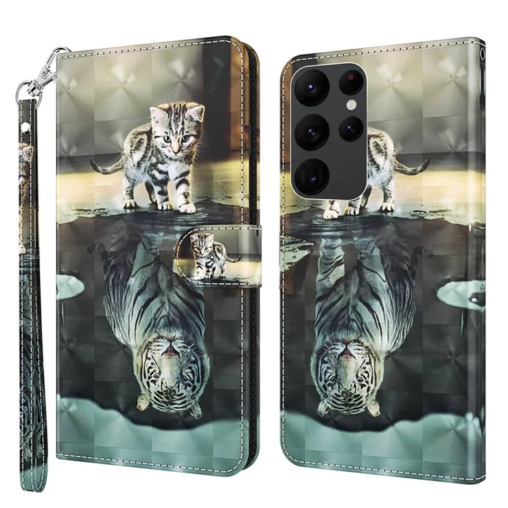 For Samsung Galaxy S23 Ultra PU Leather Full Protection Stand Case 3D Pattern Printed Phone Wallet Cover with Strap - Cat and Tiger