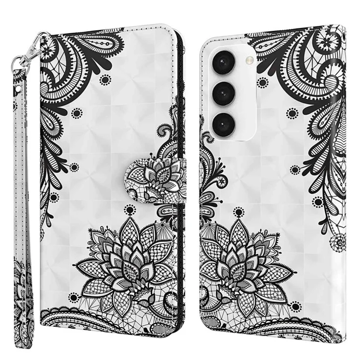 For Samsung Galaxy S23+ 3D Pattern Printing Phone Wallet Stand Case PU Leather Flip Shockproof Cover with Strap - Lace Flower
