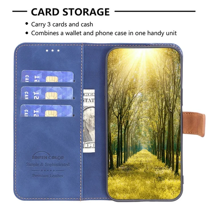 BINFEN COLOR For Samsung Galaxy A14 5G / A14 4G Case Color Splicing Skin Touch Leather Phone Cover Wallet Stand - Blue
