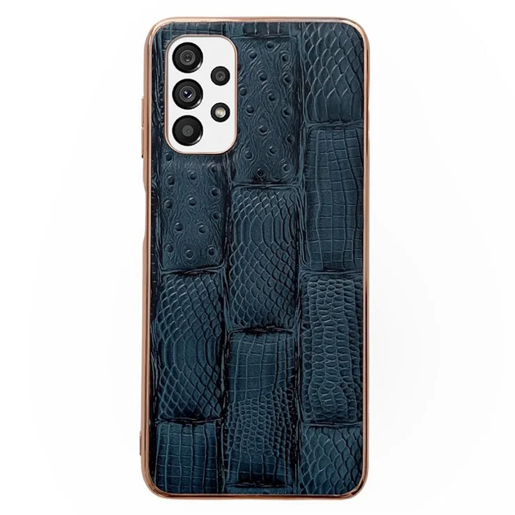 For Samsung Galaxy A73 5G Mahjong Texture Cell Phone Shell Cover Nano Electroplating Genuine Cowhide Leather+PC+TPU Anti-scratch Phone Case - Blue