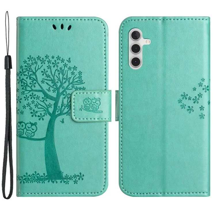 For Samsung Galaxy A14 5G / A14 4G Full Protection Cell Phone Cover PU Leather Imprinted Owl Tree Pattern Phone Case with Wallet Stand - Cyan