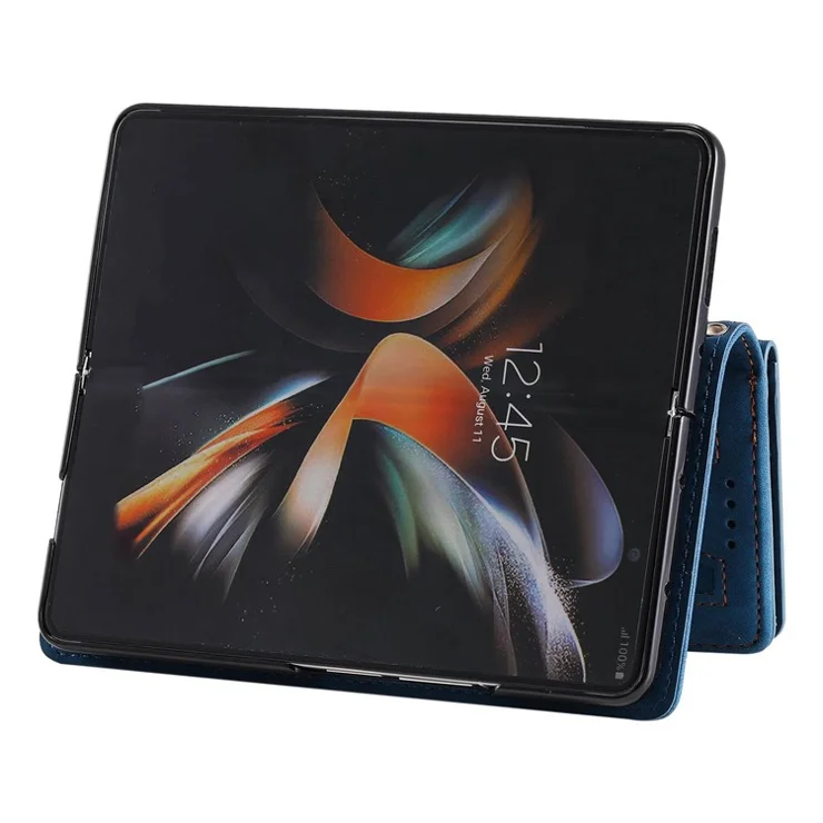 For Samsung Galaxy Z Fold4 5G 9 Card Holder Slots Zipper Pocket Case PU Leather Magnetic Closure Stand Folio Flip Wallet Phone Cover with Wrist Strap - Blue
