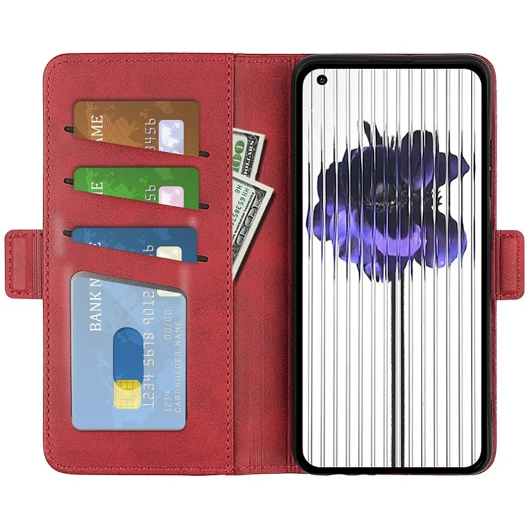 For Nothing phone (1) 5G Calf Texture PU Leather Phone Anti-drop Case Dual Magnetic Clasp Foldable Stand Wallet Cover - Red