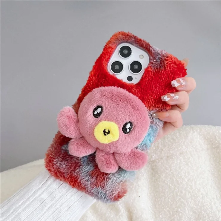 For iPhone 14 Pro Octopus Plush Doll Decor Winter Fluffy Phone Case Drop-proof TPU Cover - Red