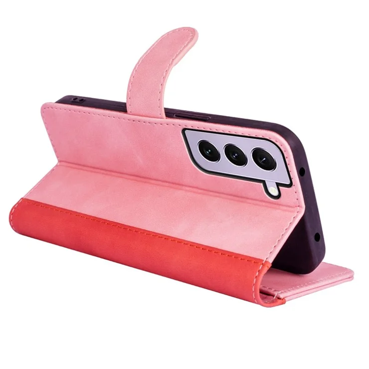 For Samsung Galaxy S23 Shockproof PU Leather Case Color Splicing Folio Flip Stand Wallet Protective Phone Cover - Pink