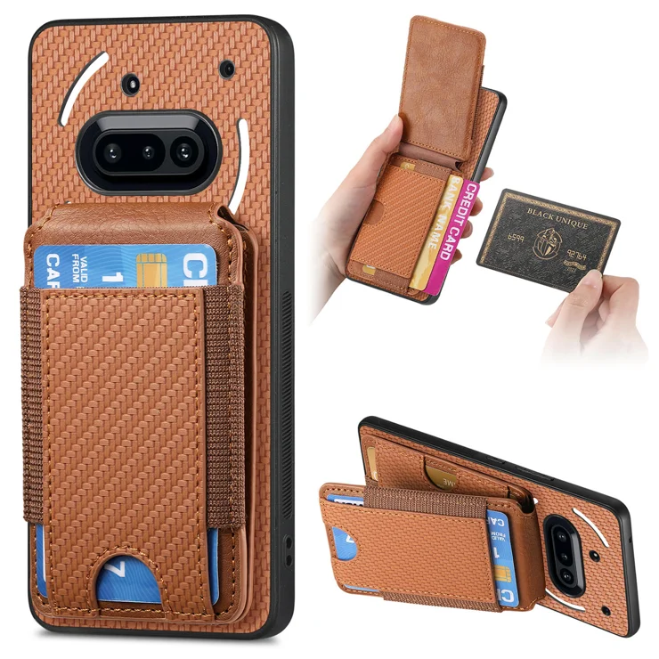 For Nothing Phone (3a) Pro Leather Phone Back Cover With Kickstand And Card Slots Carbon Fiber Texture - Brown - View #3