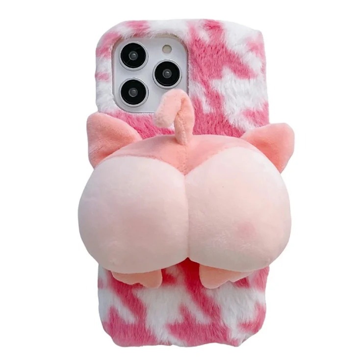 For iPhone 14 Pro Monkey Butt Doll Decor Soft Fluffy Phone Case Plush + TPU Anti-scratch Protective Cover - Pink