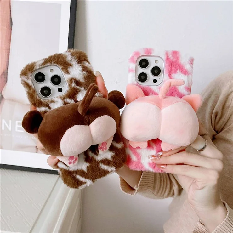 For iPhone 14 Pro Monkey Butt Doll Decor Soft Fluffy Phone Case Plush + TPU Anti-scratch Protective Cover - Brown