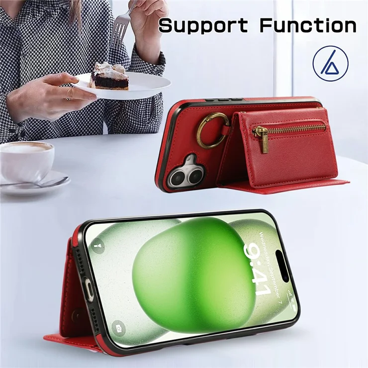 For iPhone 17 Leather Back Cover Zipper Wallet Kickstand Phone